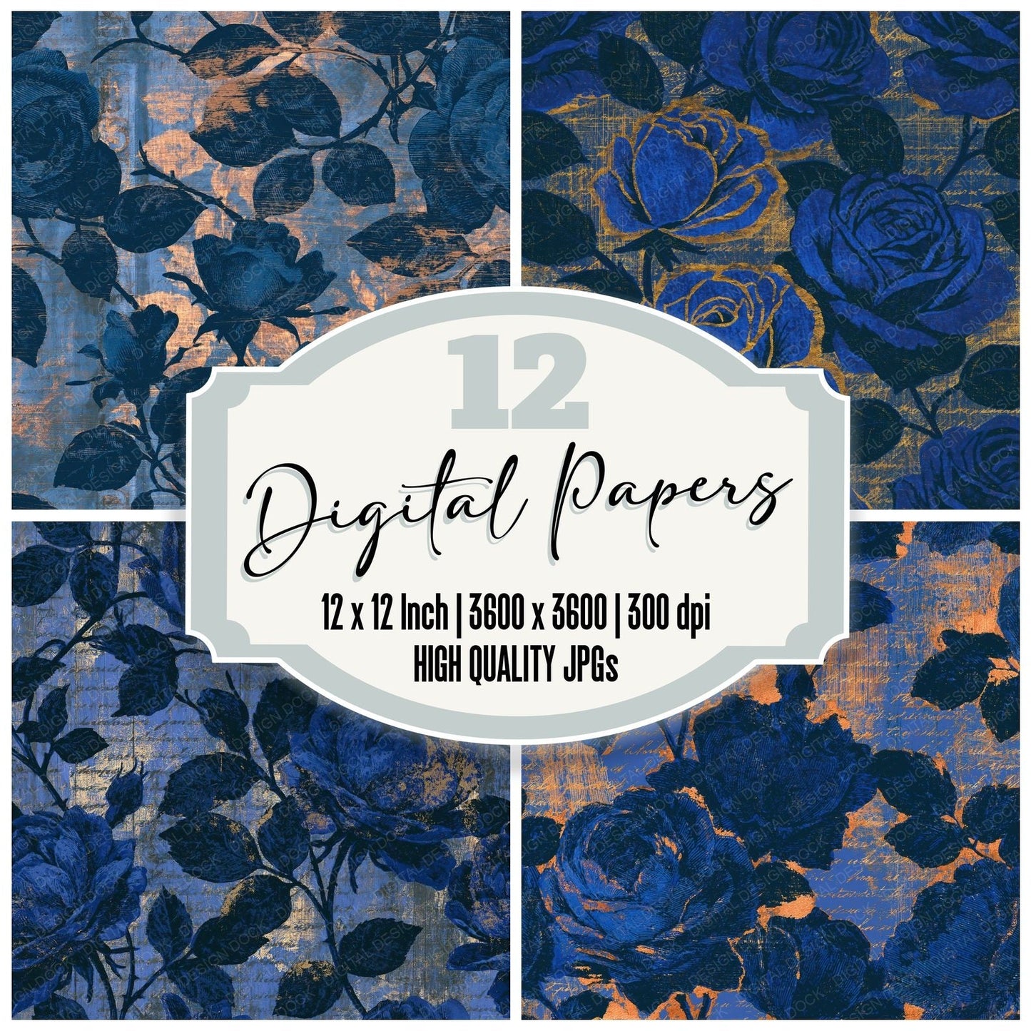 Woodcut Climbing Roses Sapphire Bone Seamless Digital Paper Pack (DDD015664)