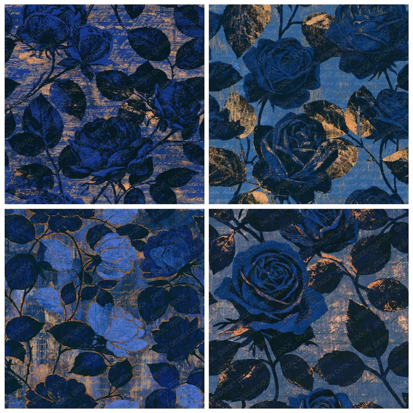 Woodcut Climbing Roses Sapphire Bone Seamless Digital Paper Pack (DDD015664)