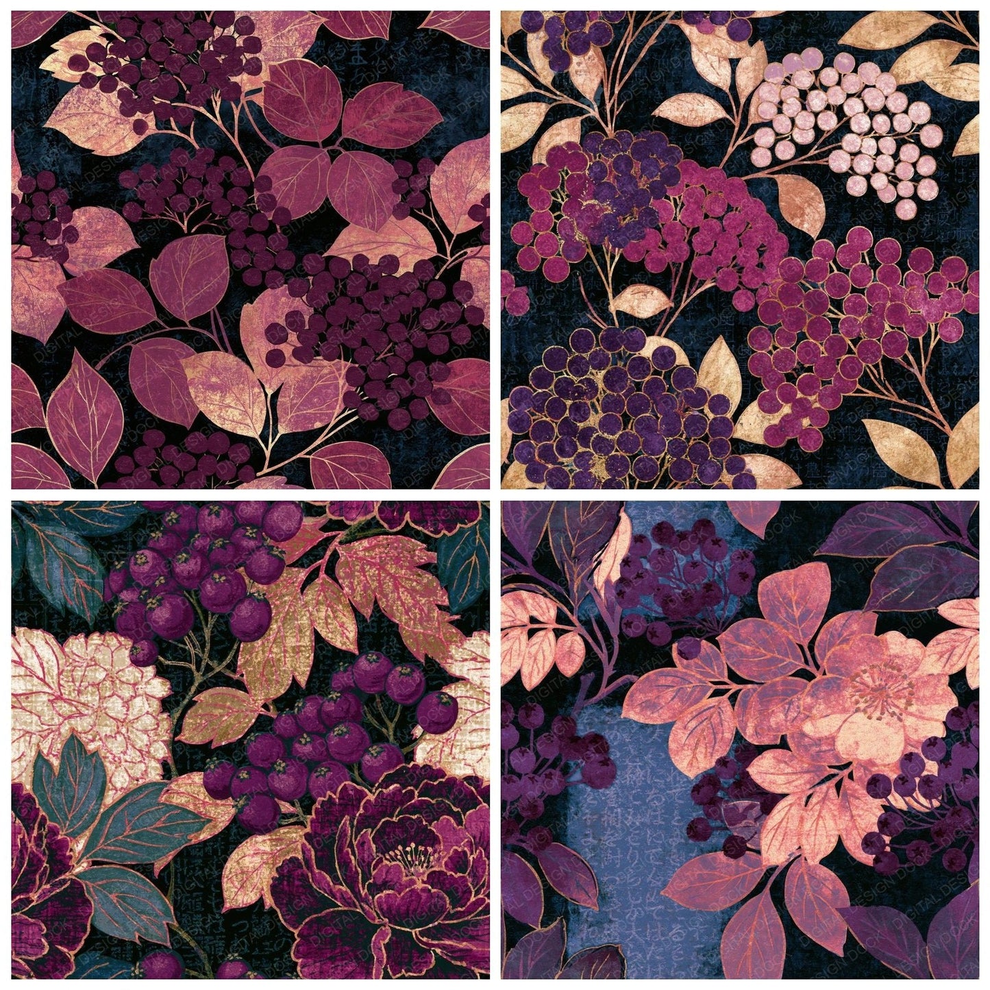 Screenprint Berries Aubergine Pearl Seamless Digital Paper Pack (DDD015679)
