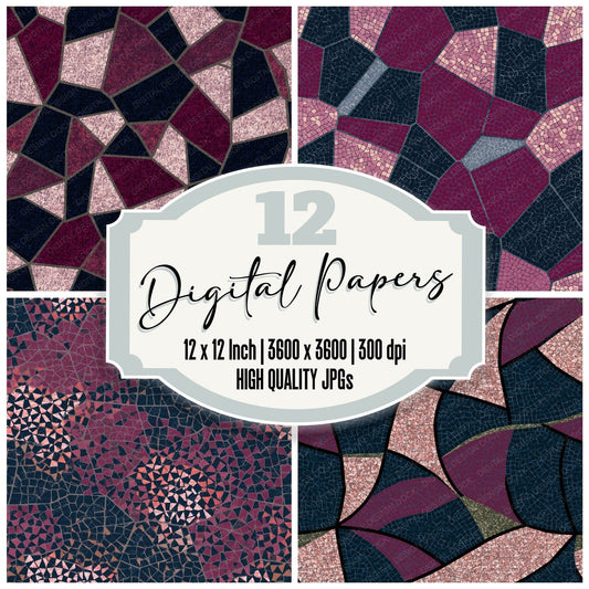 Mosaic Rose Wine Navy Abstract Digital Paper Pack (DDD015694)