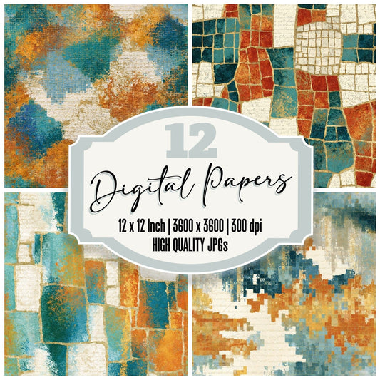 Mosaic Tangerine Aqua Abstract Seamless Digital Paper Pack (DDD015695)