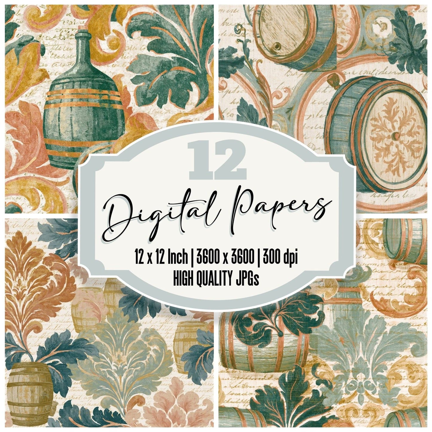 Rococo Wine Barrels Eucalyptus Gold Seamless Digital Paper Pack (DDD015700)