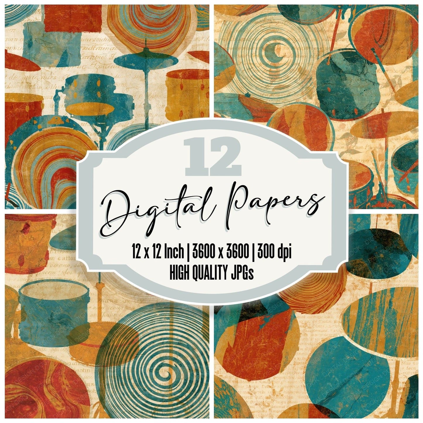 Suminagashi Drum Kits Rust Turquoise Digital Paper Pack (DDD015703)