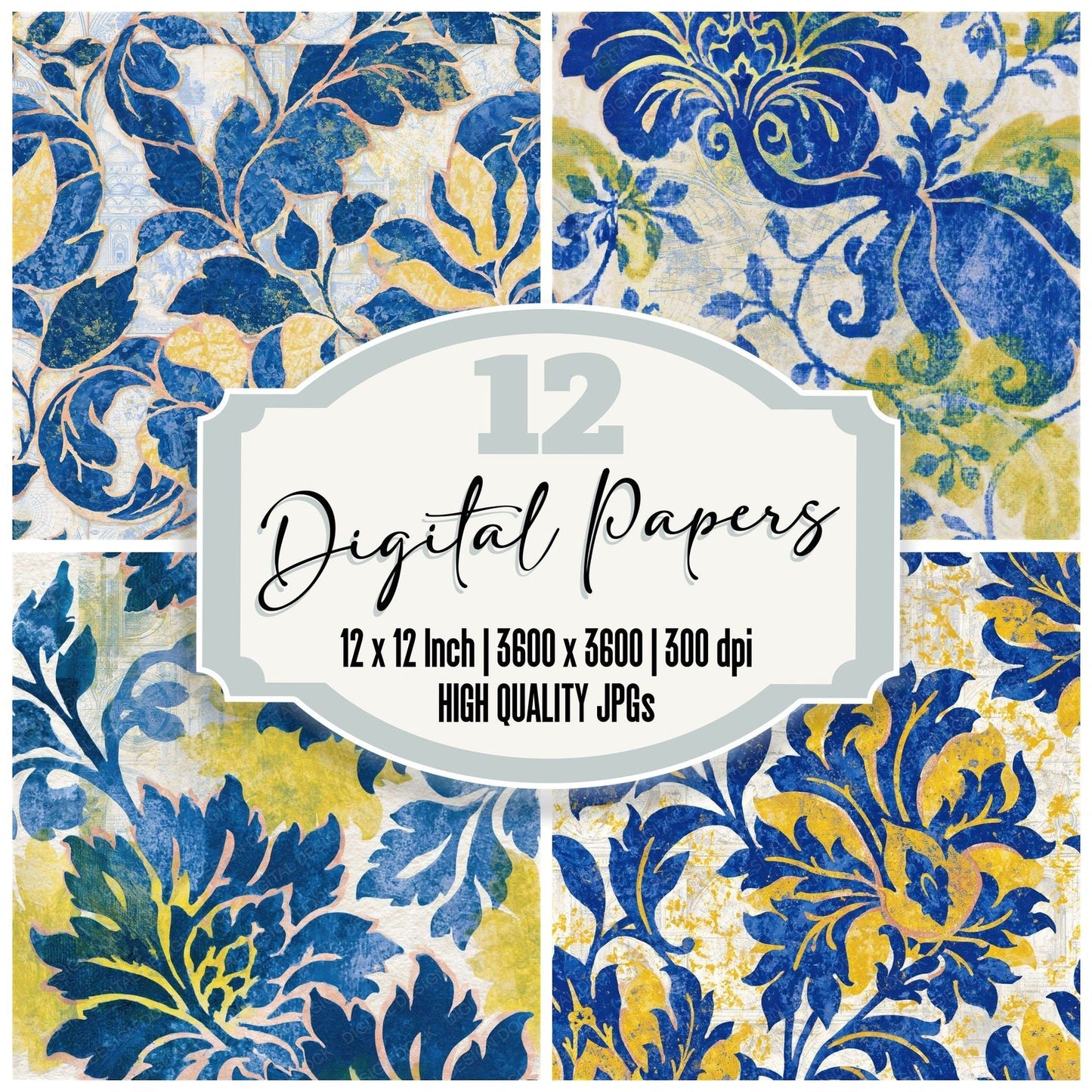 Papercut Baroque Tapestry Cobalt Yellow Seamless Digital Paper Pack (DDD015716)