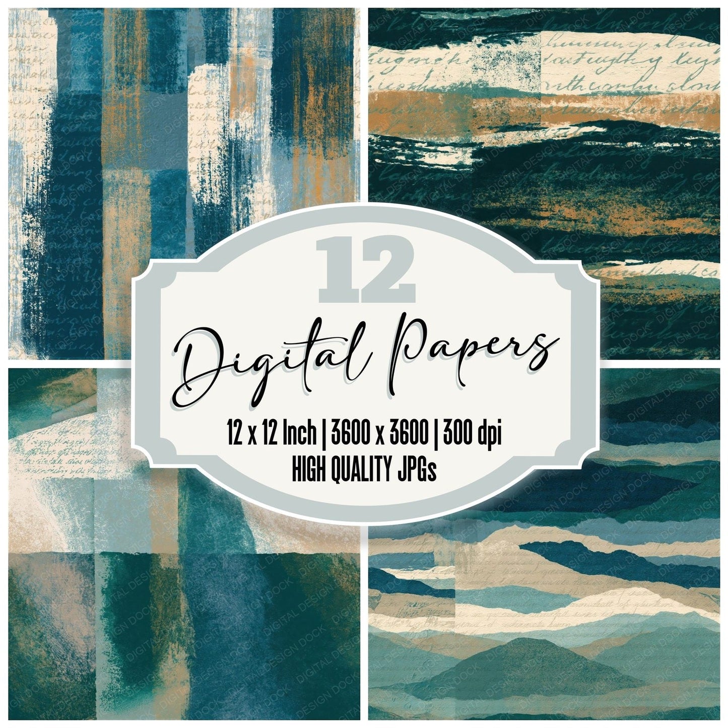 Woodblock Teal Bone Abstract Seamless Digital Paper Pack (DDD015724)