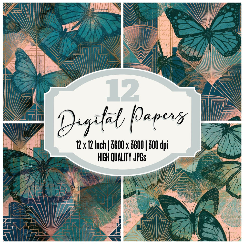 Art Deco Dead Butterflies Aqua Pink Seamless digital paper pack cover showing four of the 12 papers