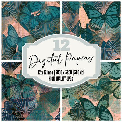Art Deco Dead Butterflies Aqua Pink Seamless Digital Paper Pack (DDD015725)