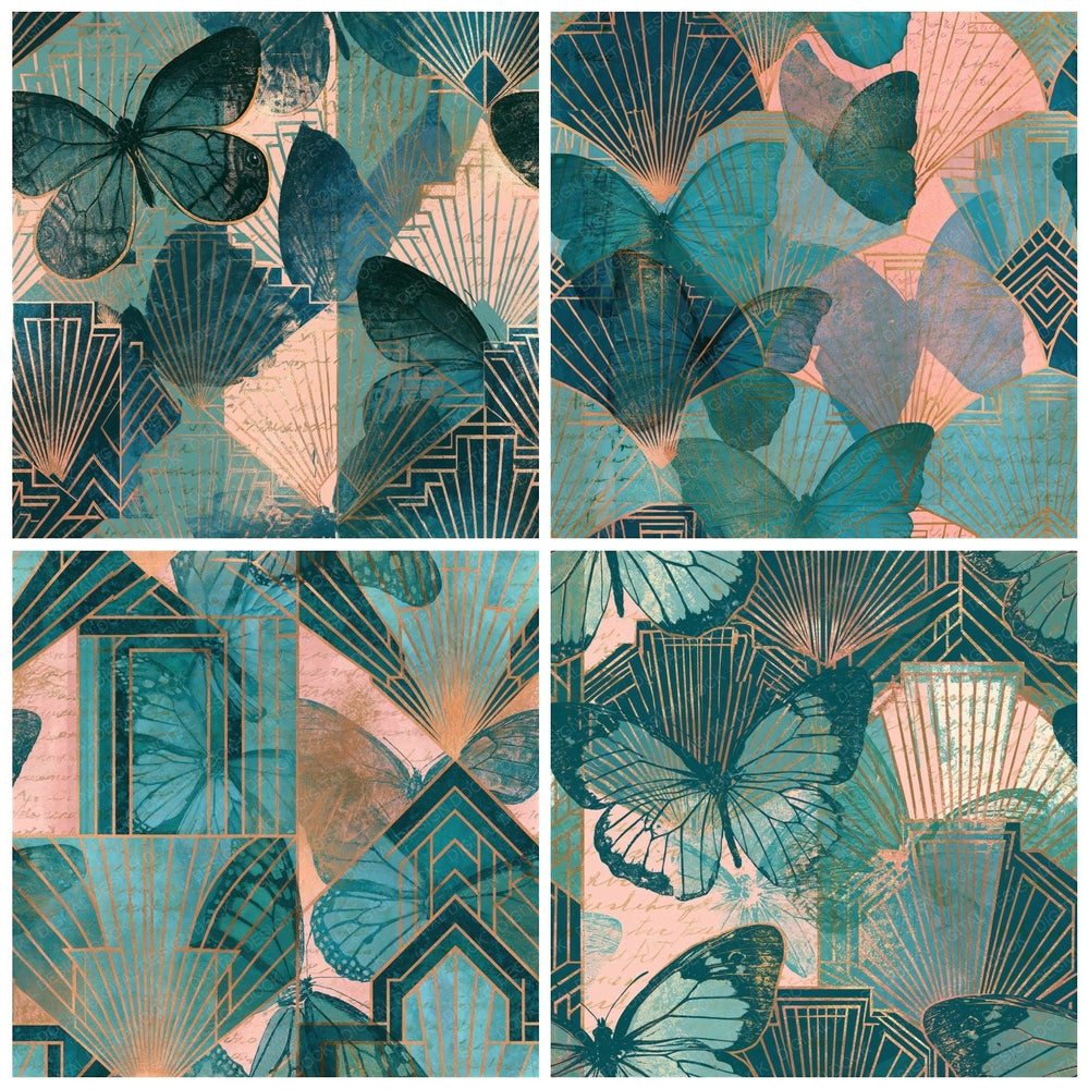 Four Art Deco Dead Butterflies Aqua Pink Seamless digital papers from the pack shown in a grid