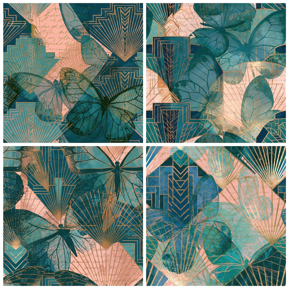 Four more Art Deco Dead Butterflies Aqua Pink Seamless digital papers from the pack shown in a grid