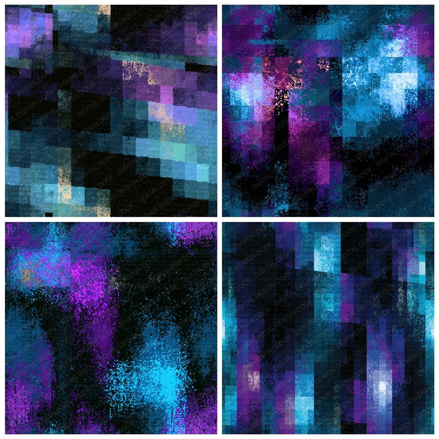 Pixel Cyan Violet Abstract Seamless Digital Paper Pack (DDD015734)