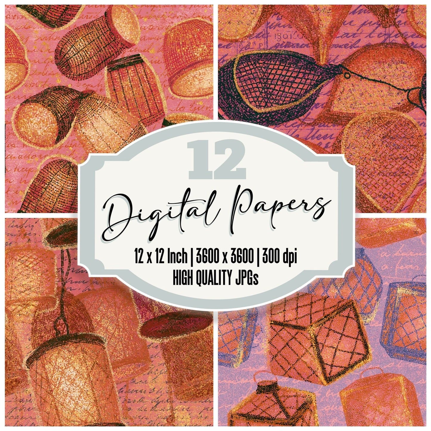 Pointillism Fishing Creels Amber Rose Gold Seamless Digital Paper Pack (DDD015735)