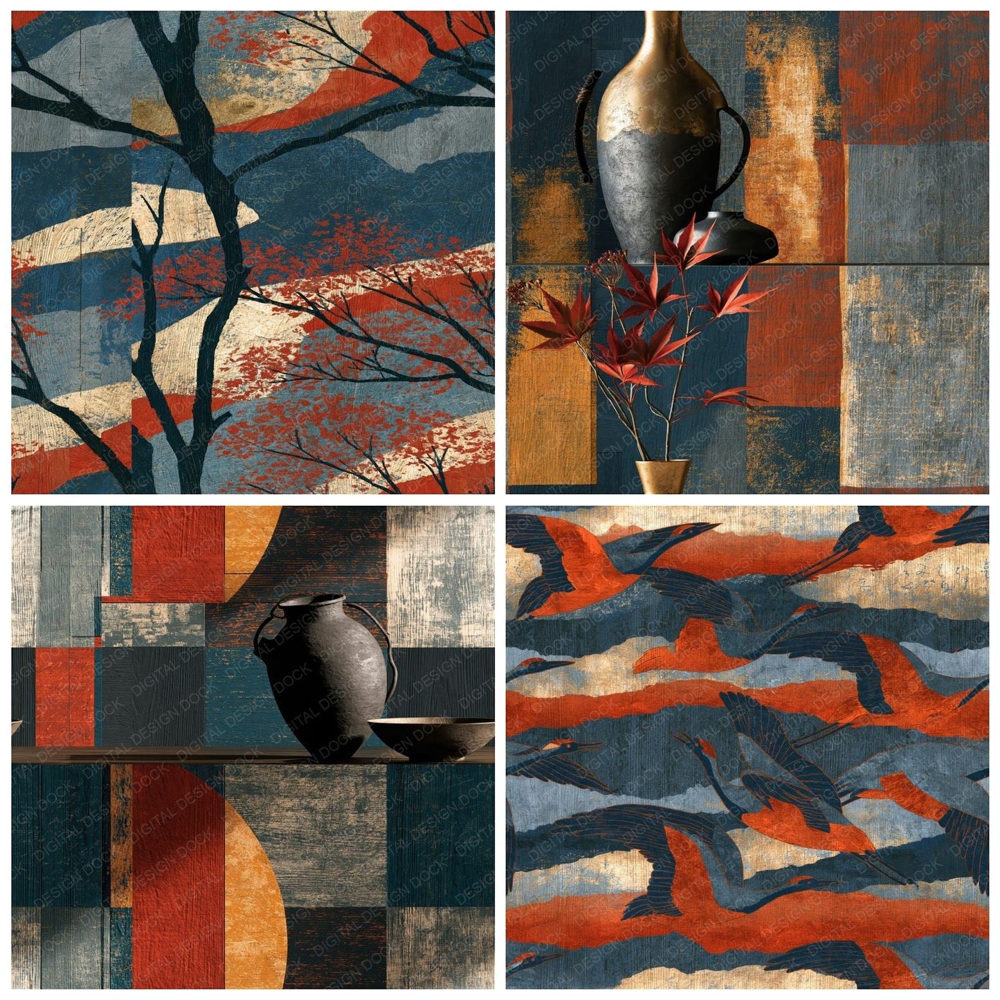Ukiyo-e Gunmetal Rust Tonal Seamless Digital Paper Pack (DDD015741)