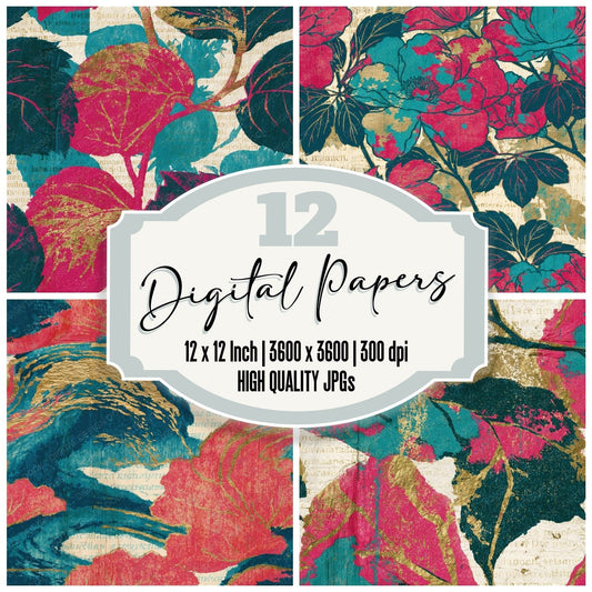 Ukiyo-e Pink Turquoise Abstract Seamless Digital Paper Pack (DDD015742)
