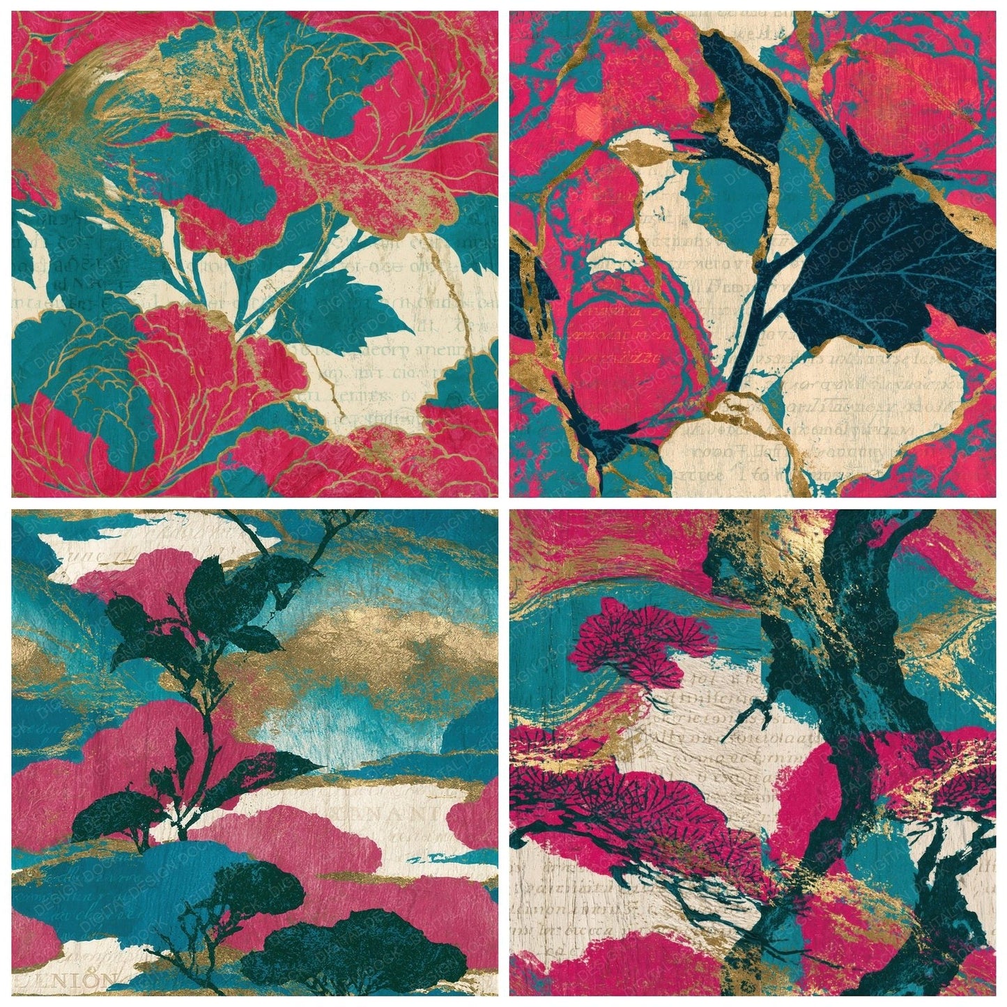 Ukiyo-e Pink Turquoise Abstract Seamless Digital Paper Pack (DDD015742)