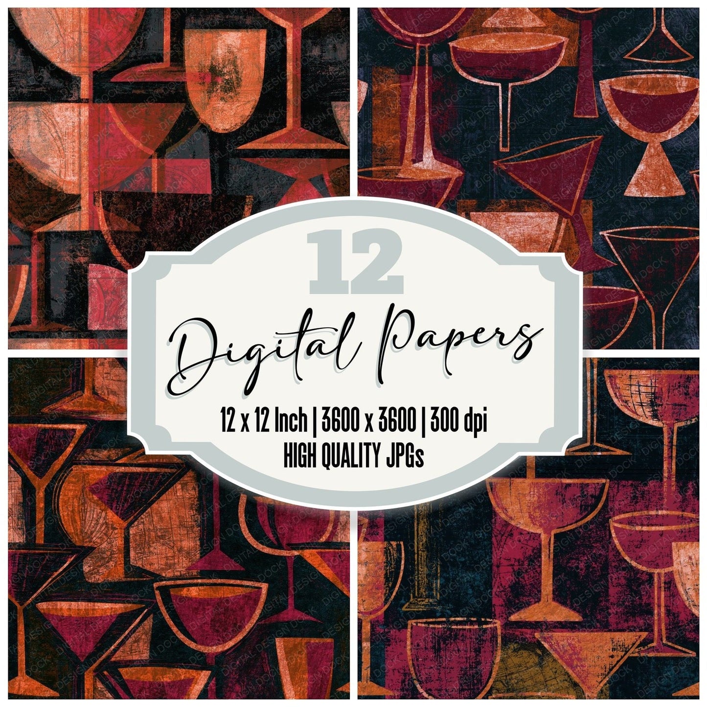 Indian Block Print Cocktails Oxblood Seamless Digital Paper Pack (DDD015752)