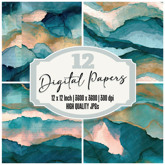 Ink Wash Aqua Shell Pink Abstract Seamless Digital Paper Pack (DDD015754)