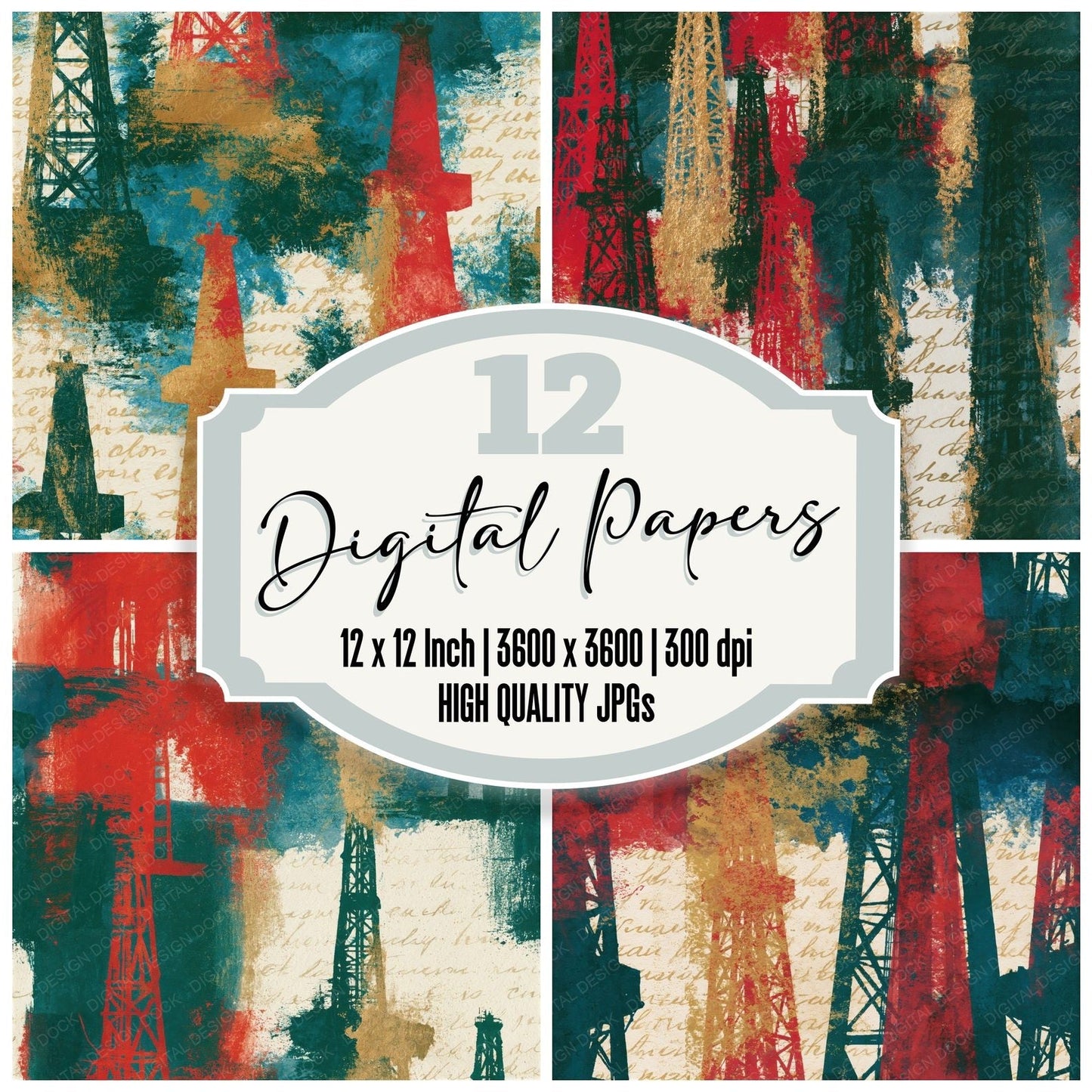 Cyanotype Oil Rigs Pine Crimson Seamless Digital Paper Pack (DDD015769)