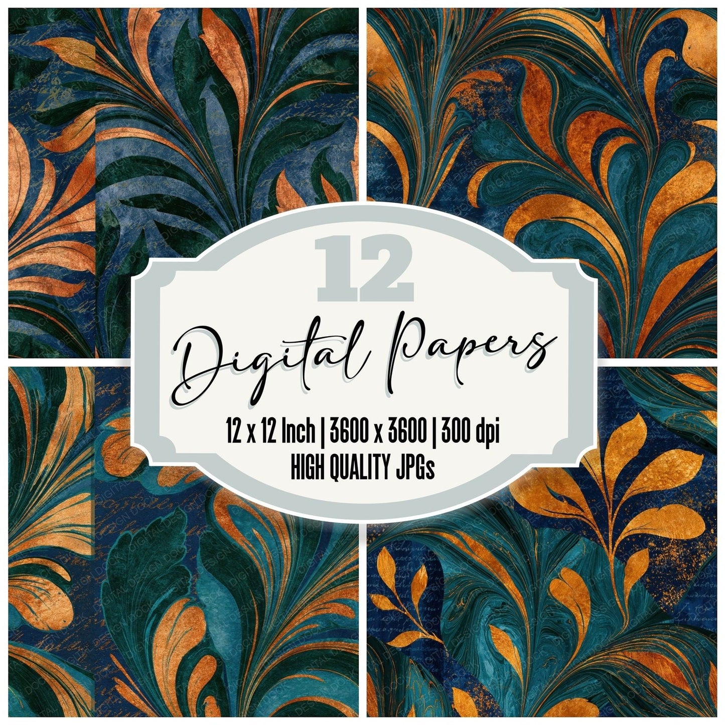 Paper Marbling Midnight Copper Abstract Seamless Digital Paper Pack (DDD015778)