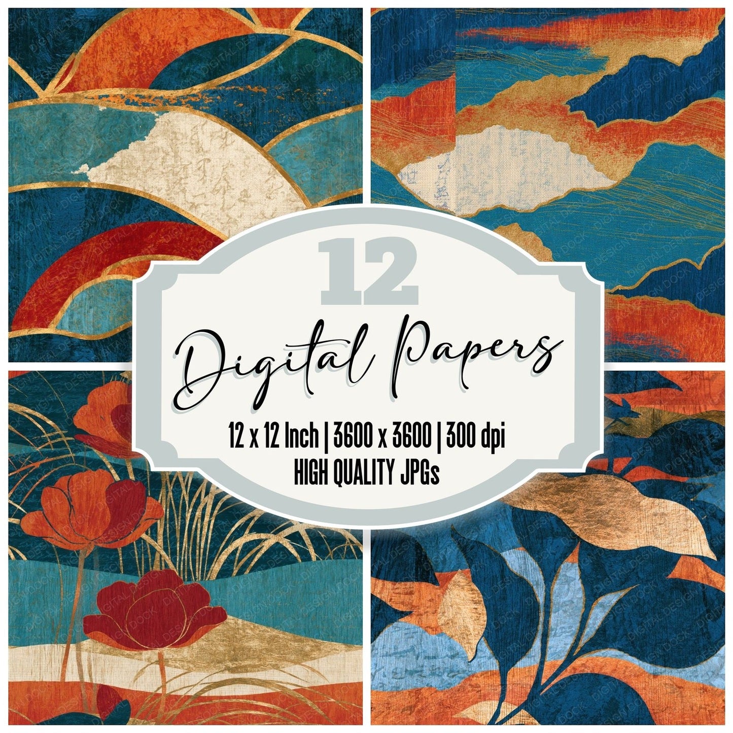 Ukiyo-e Terracotta Azure Texture Seamless Digital Paper Pack (DDD015783)
