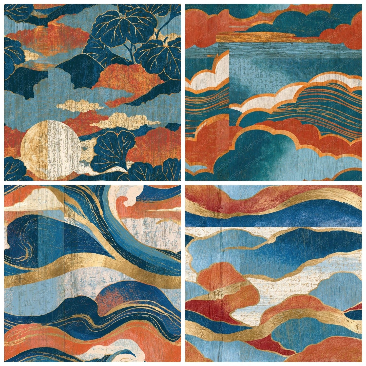 Ukiyo-e Terracotta Azure Texture Seamless Digital Paper Pack (DDD015783)