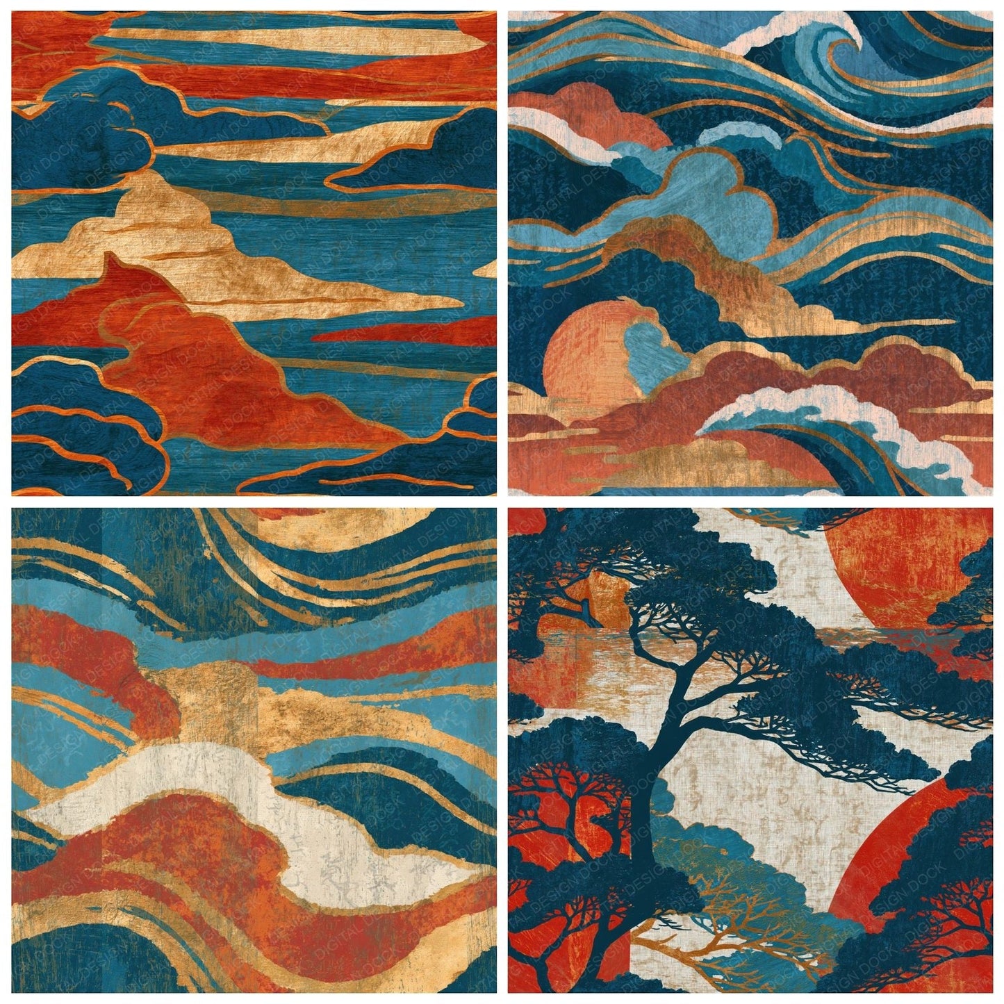 Ukiyo-e Terracotta Azure Texture Seamless Digital Paper Pack (DDD015783)
