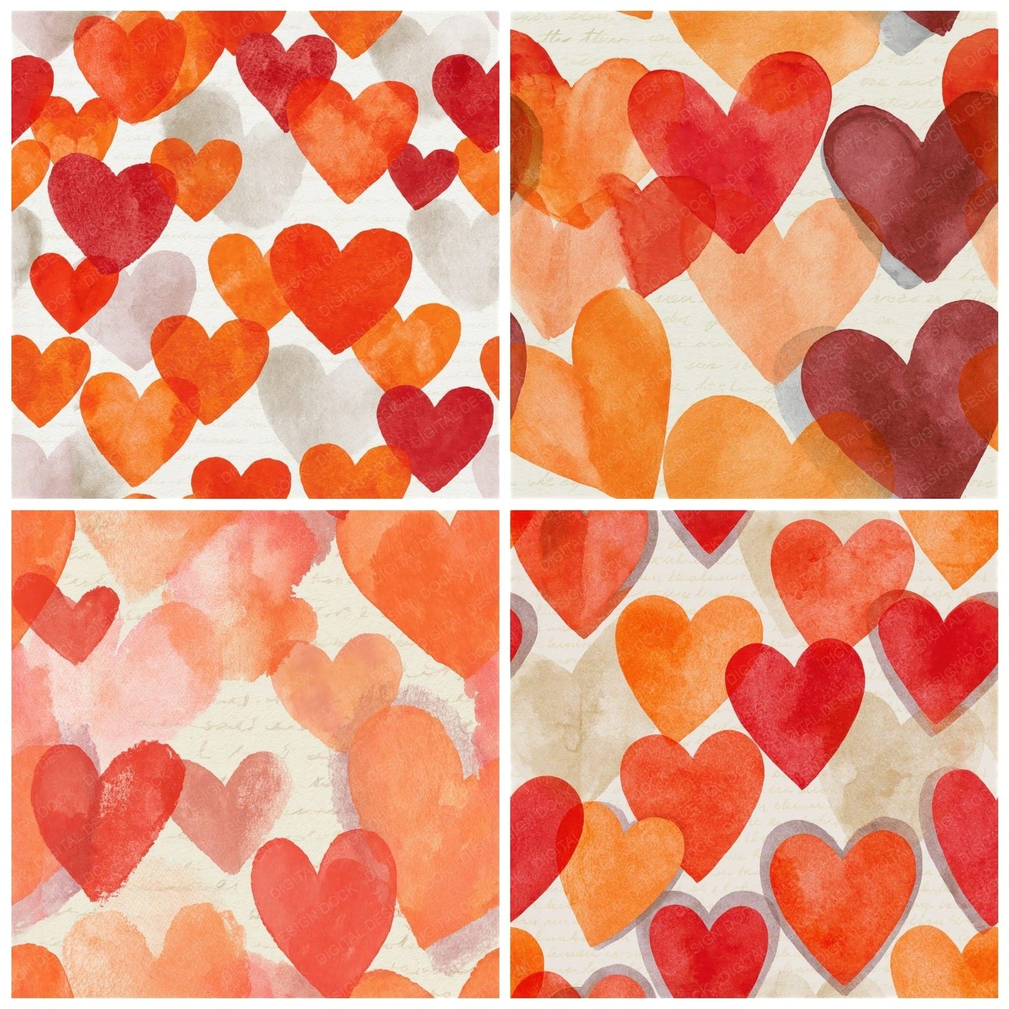 Watercolour Hearts Cherry Orange Seamless Digital Paper Pack (DDD015784)