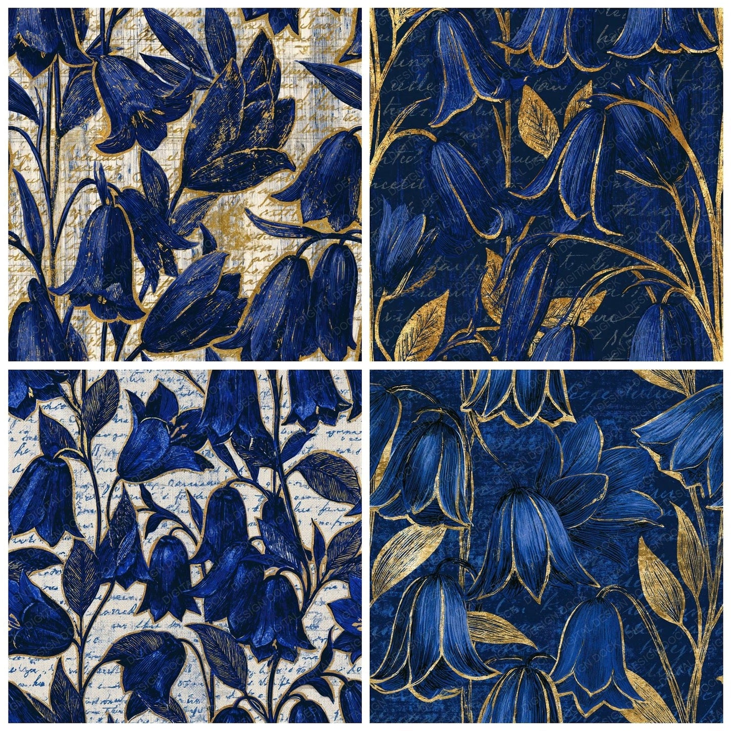 Scratchboard Bluebells Indigo Ivory Seamless Digital Paper Pack (DDD015791)