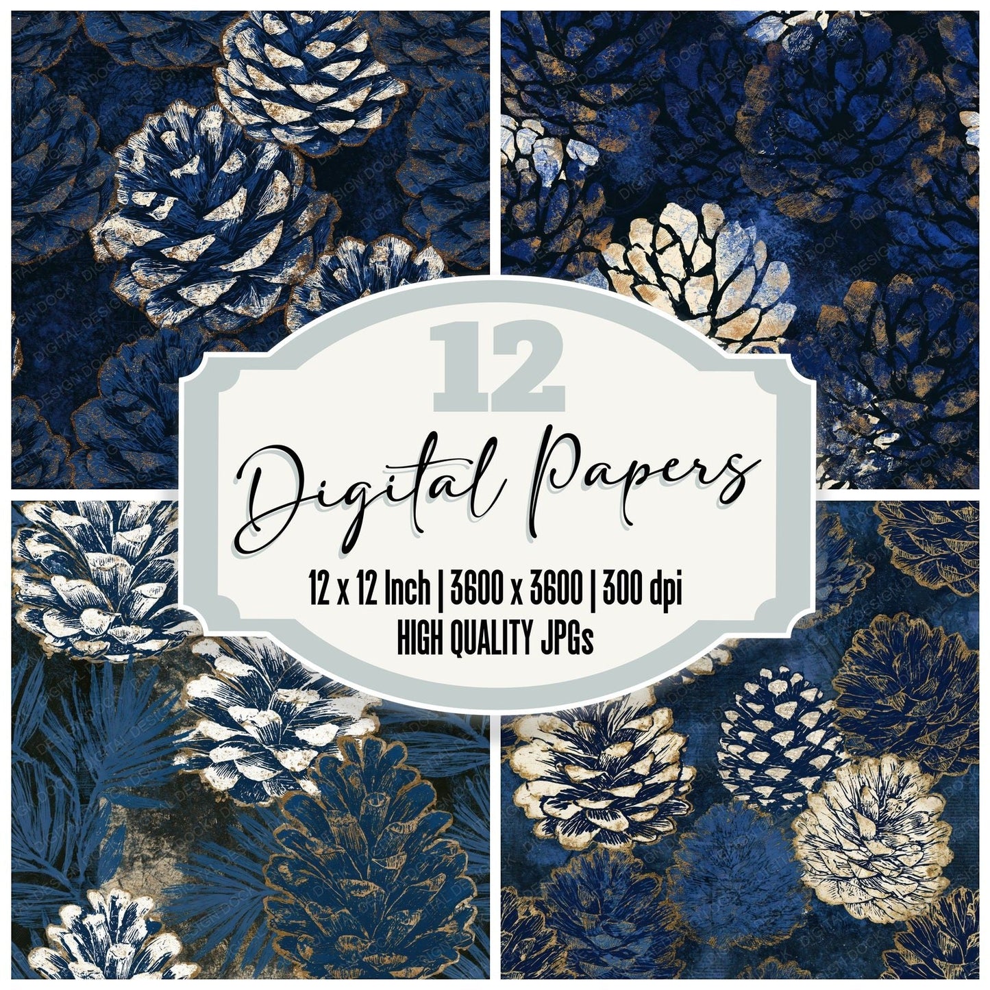 Scratchboard Pine Cones Indigo Ivory Seamless Digital Paper Pack (DDD015792)
