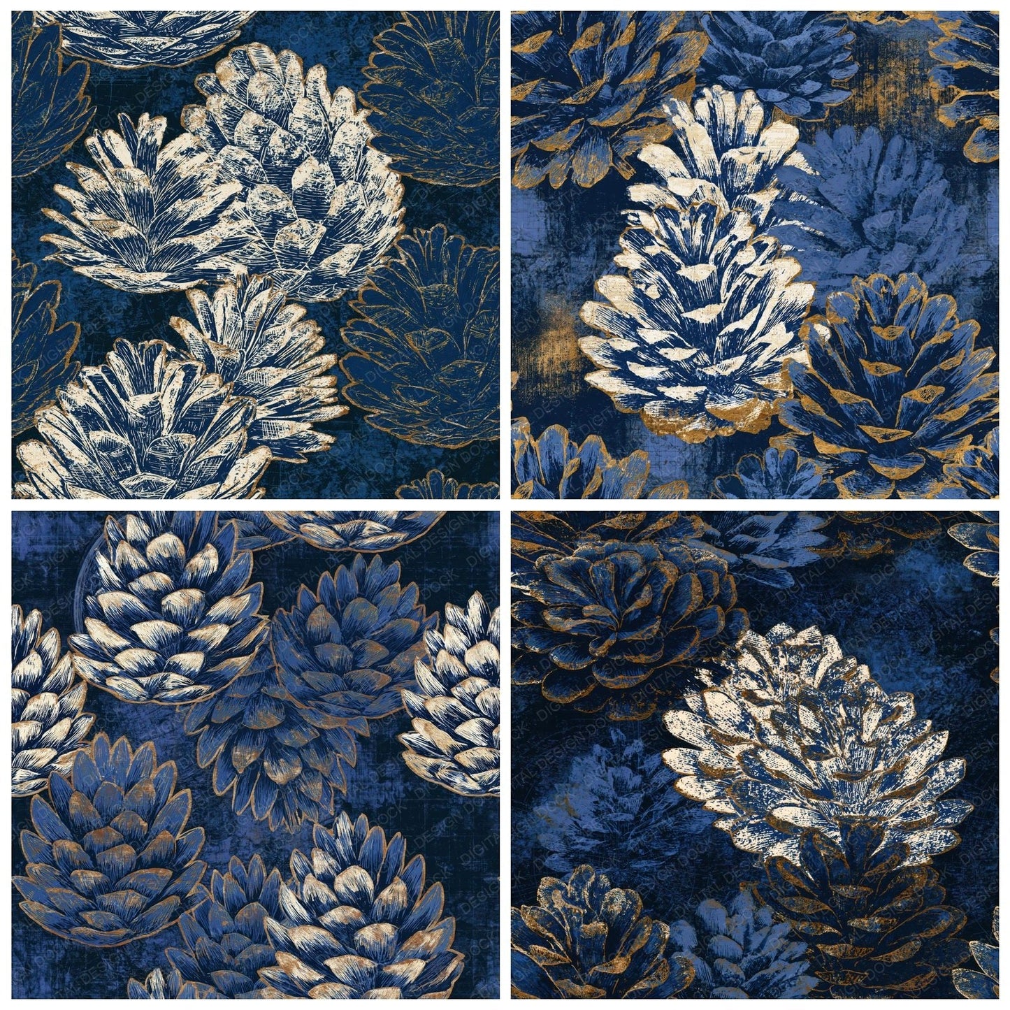 Scratchboard Pine Cones Indigo Ivory Seamless Digital Paper Pack (DDD015792)