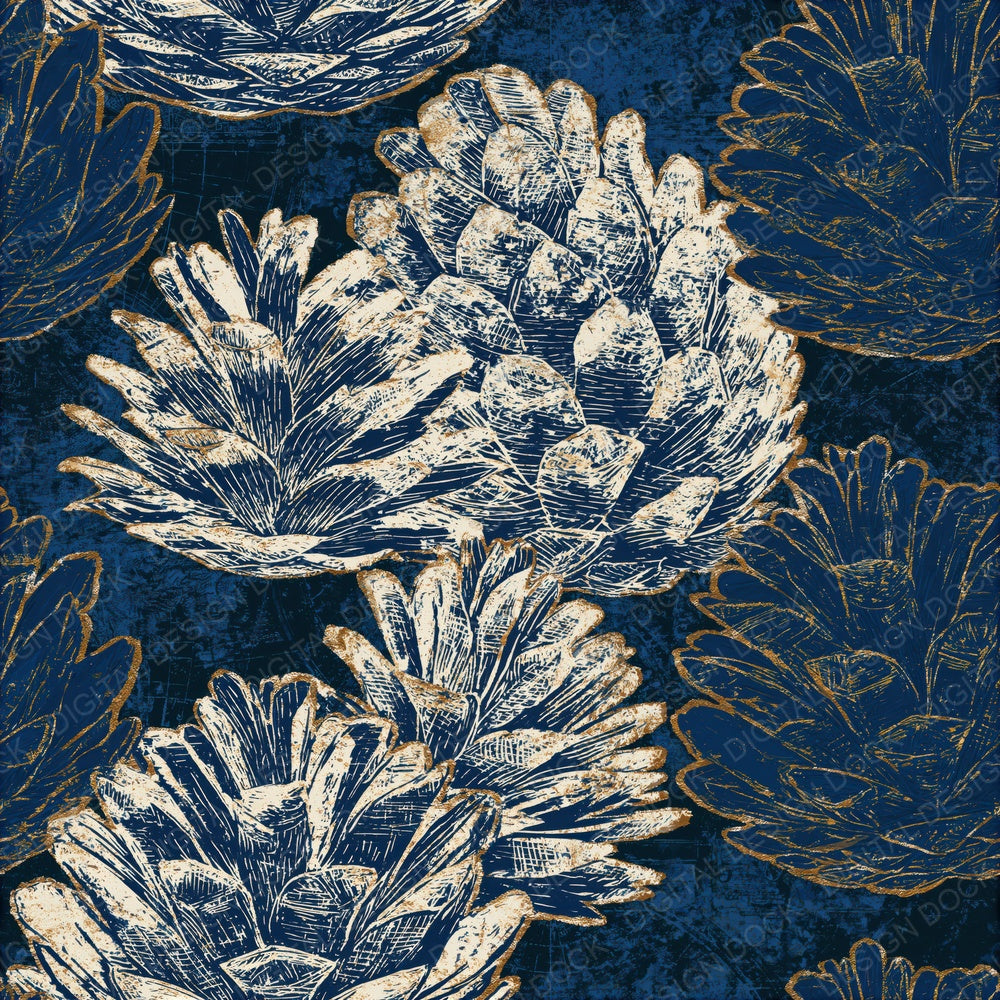 Scratchboard Pine Cones Indigo Ivory Seamless Digital Paper Pack (DDD015792)