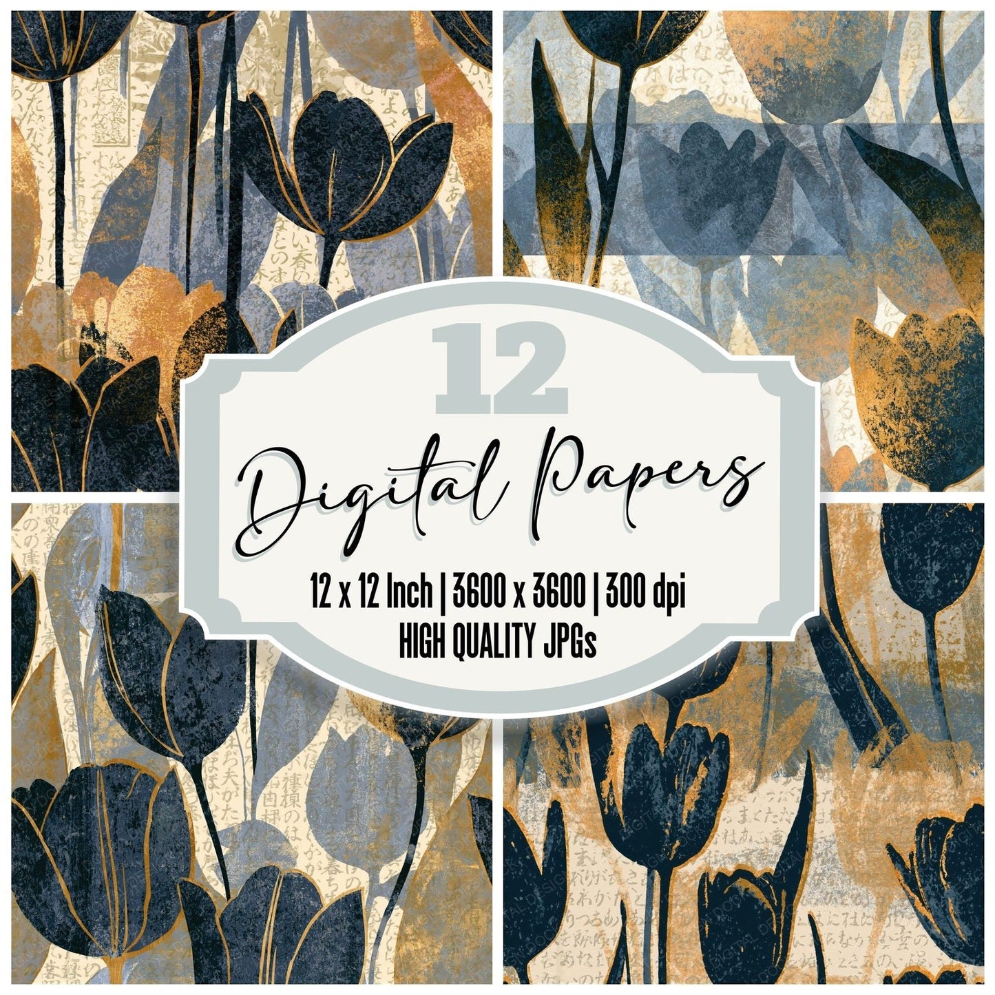Screenprint Tulips Graphite Cream Seamless Digital Paper Pack (DDD015798)