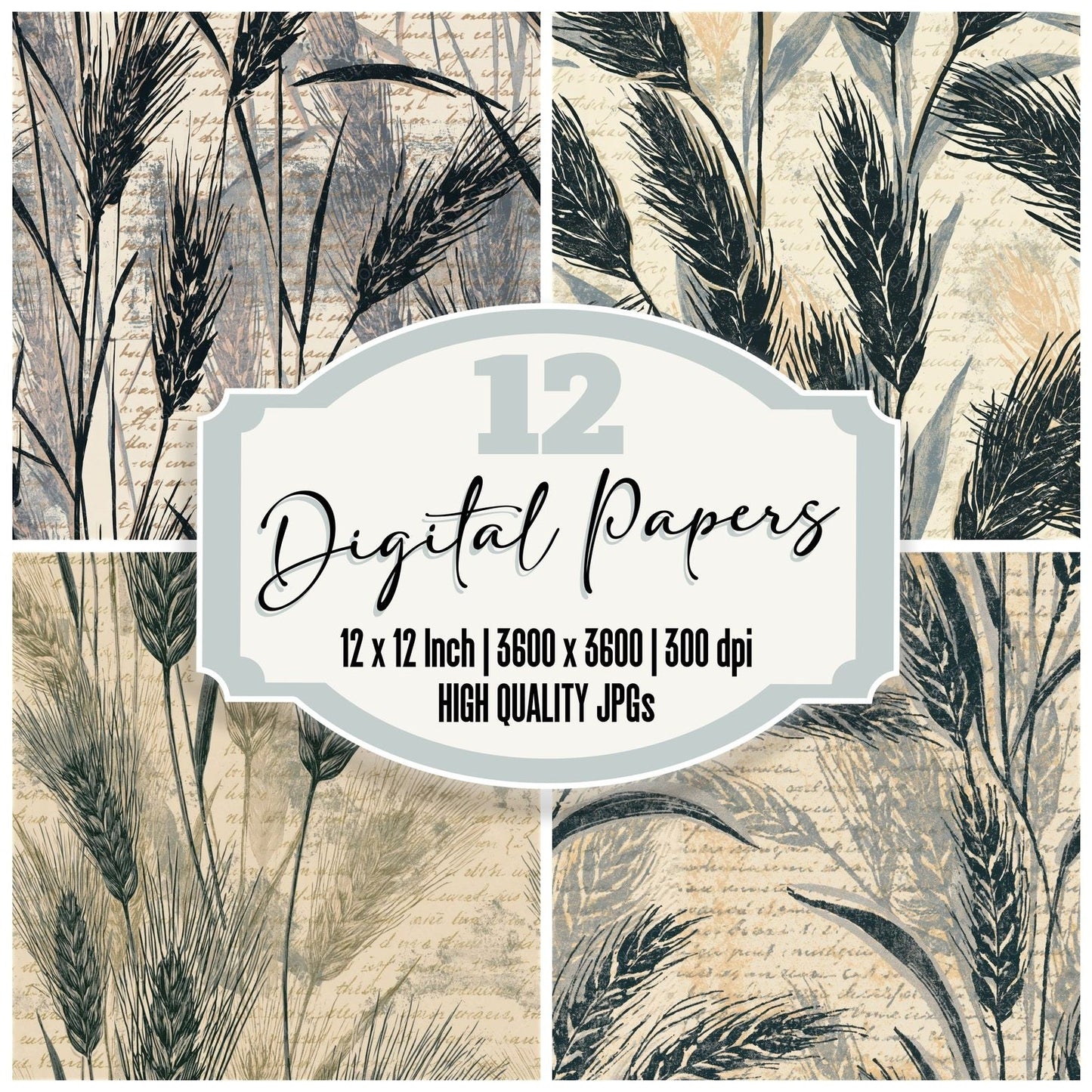 Woodblock Wheat Graphite Cream Seamless Digital Paper Pack (DDD015800)