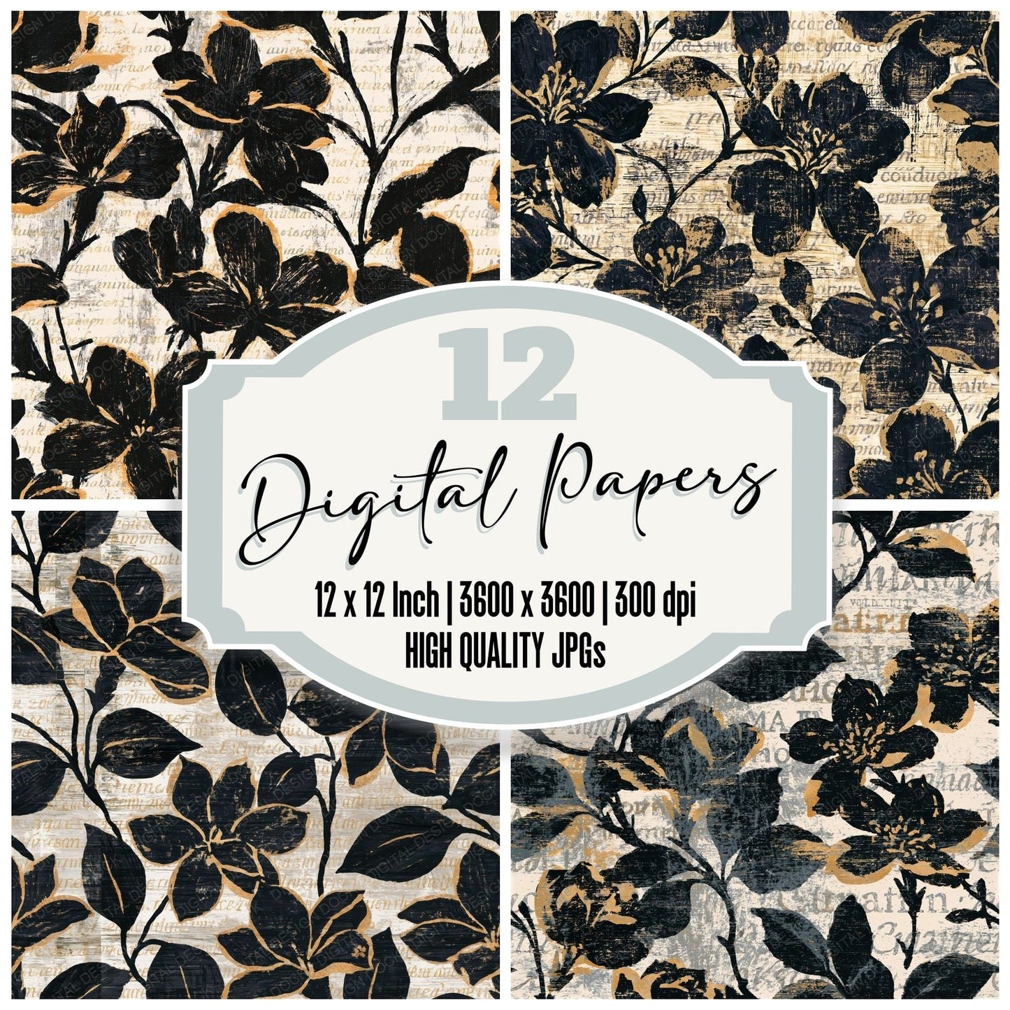 Woodcut Jasmine Bone Seamless Digital Paper Pack (DDD015802)