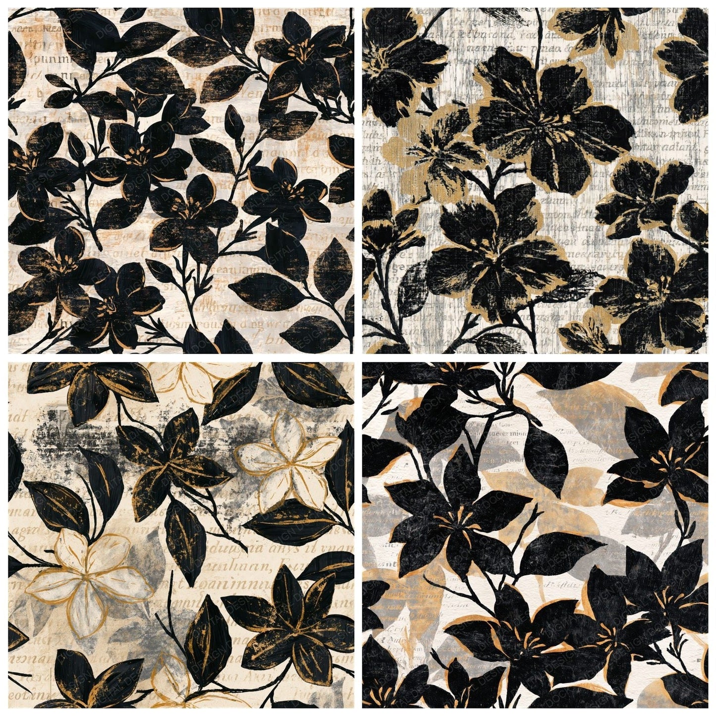 Woodcut Jasmine Bone Seamless Digital Paper Pack (DDD015802)