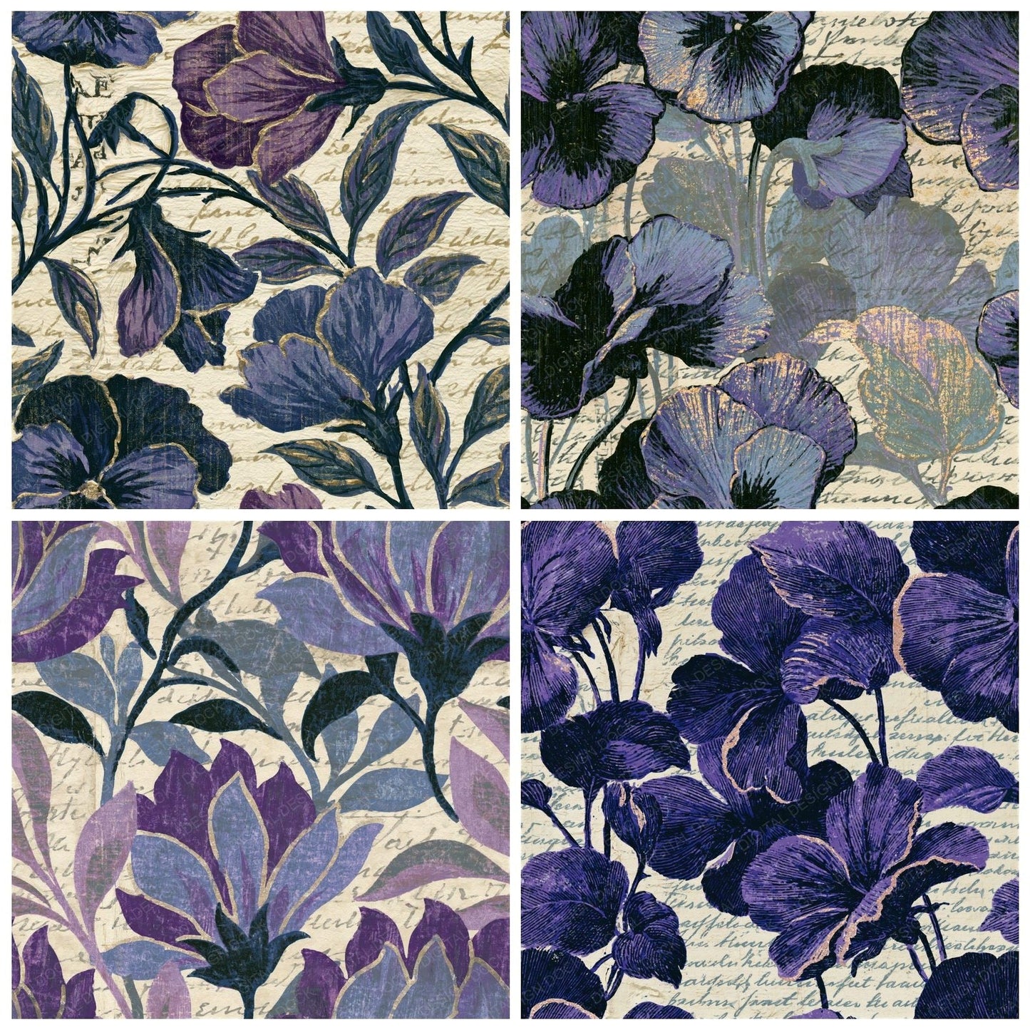 Woodcut Violet Graphite Cream Seamless Digital Paper Pack (DDD015804)