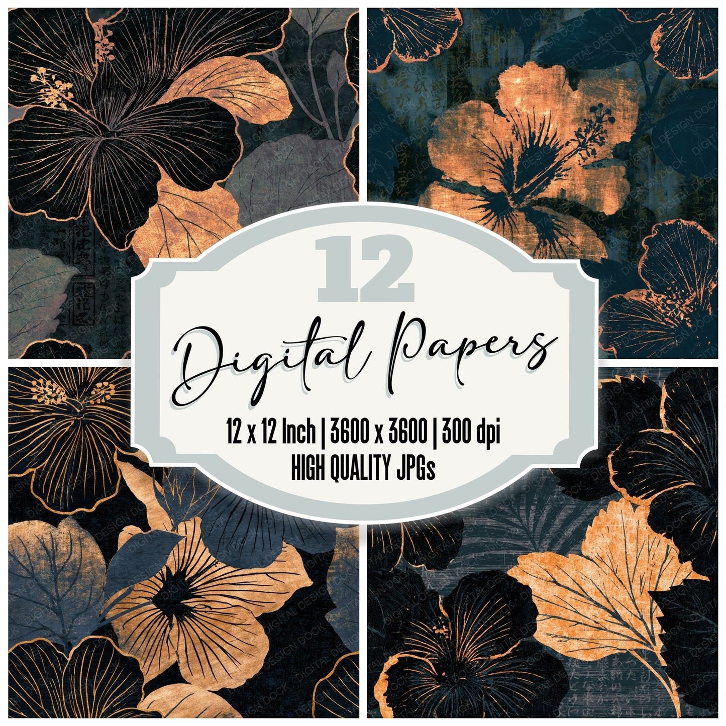 Scratchboard Hibiscus Bone Seamless Digital Paper Pack (DDD015807)