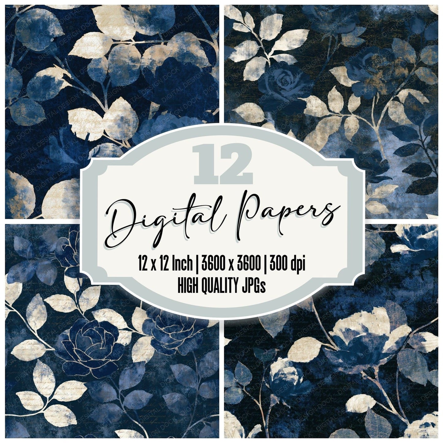 Scratchboard Roses Indigo Ivory Seamless Digital Paper Pack (DDD015810)