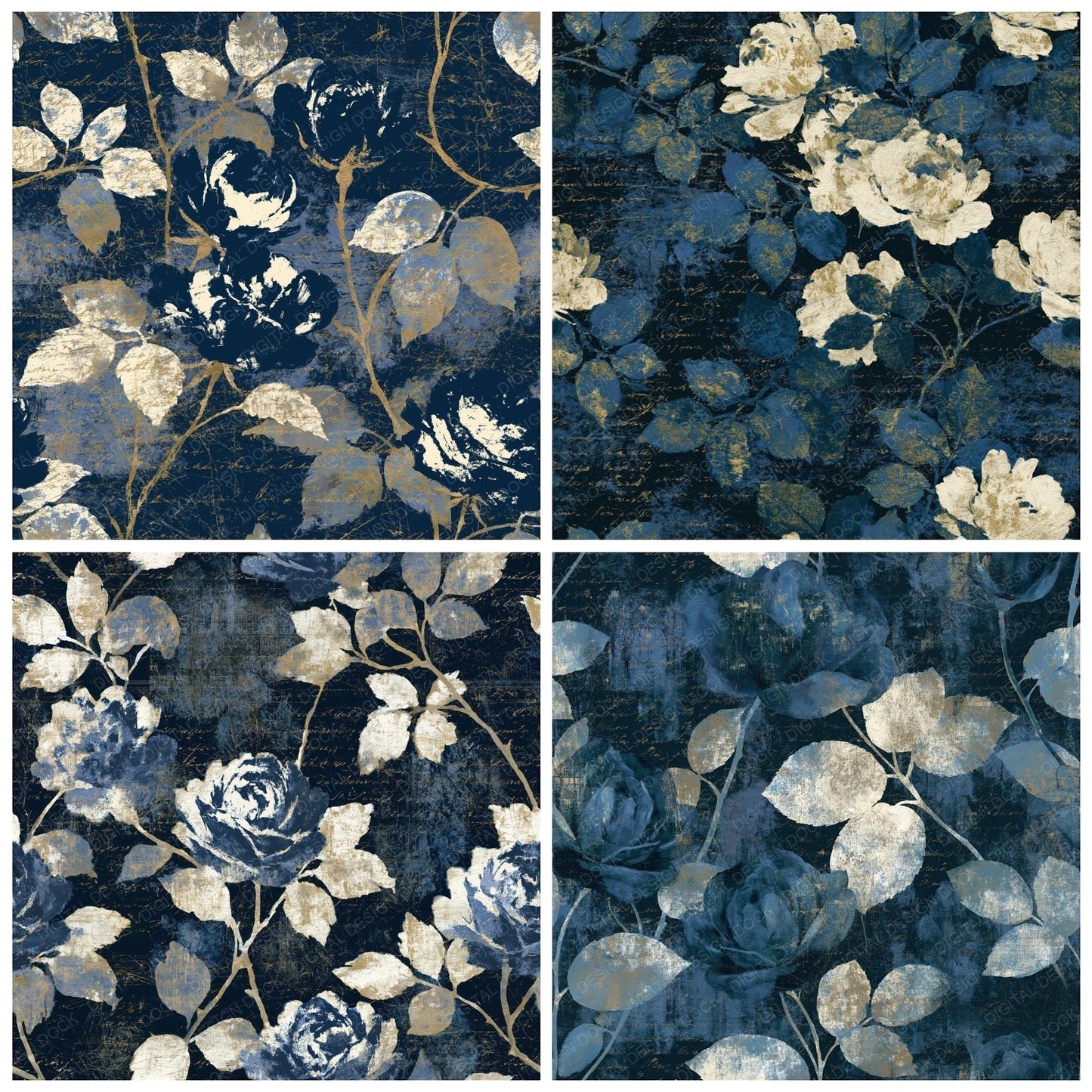 Scratchboard Roses Indigo Ivory Seamless Digital Paper Pack (DDD015810)