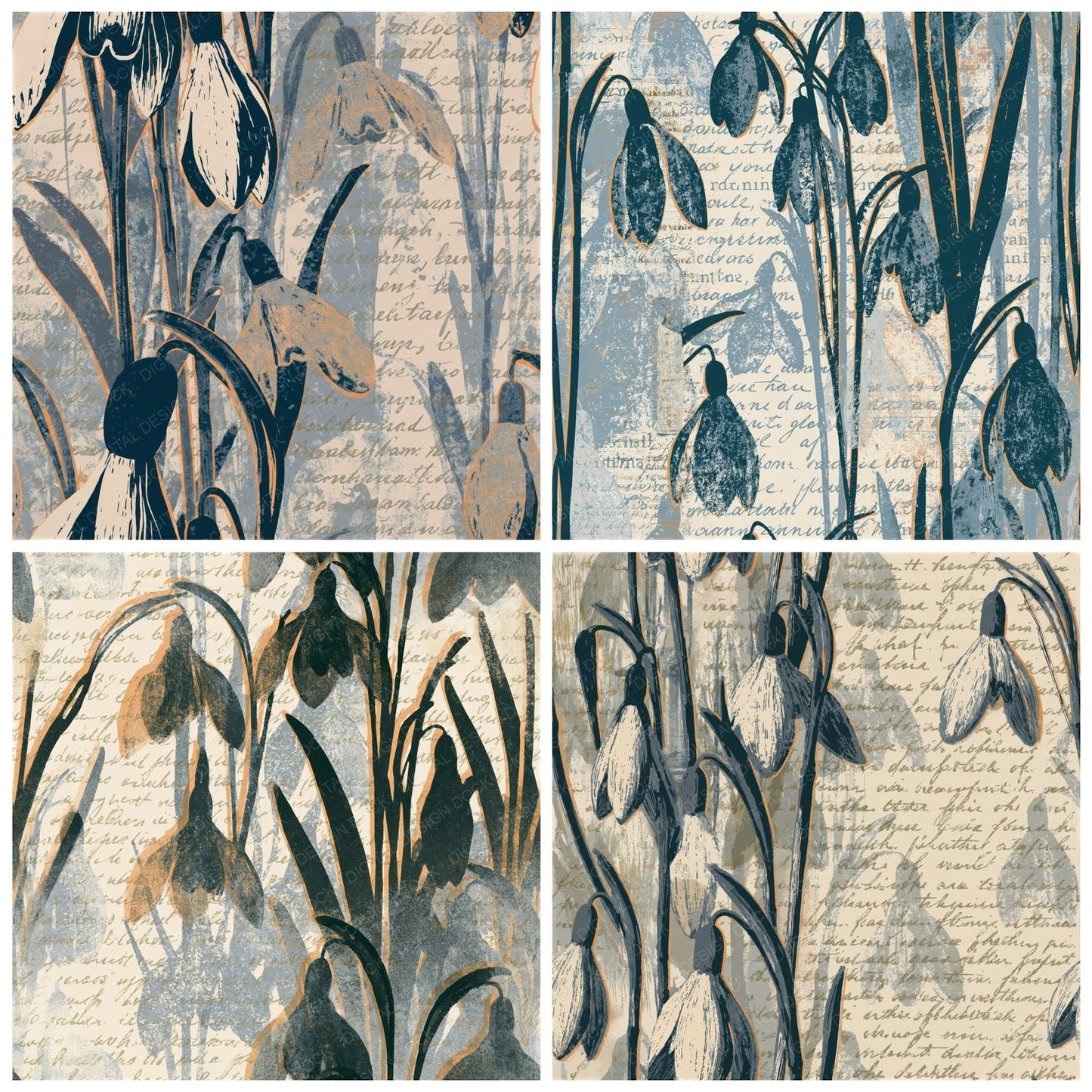 Screenprint Snowdrops Graphite Cream Seamless Digital Paper Pack (DDD015817)