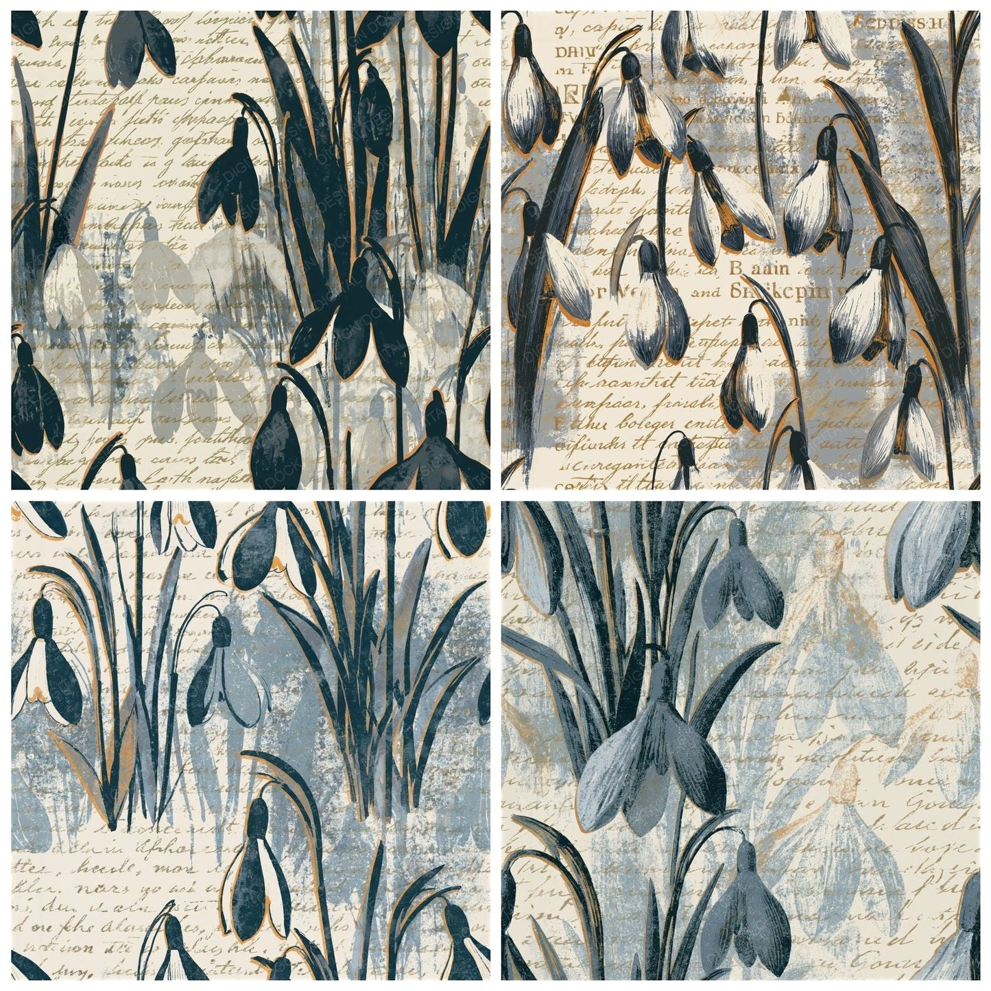 Screenprint Snowdrops Graphite Cream Seamless Digital Paper Pack (DDD015817)