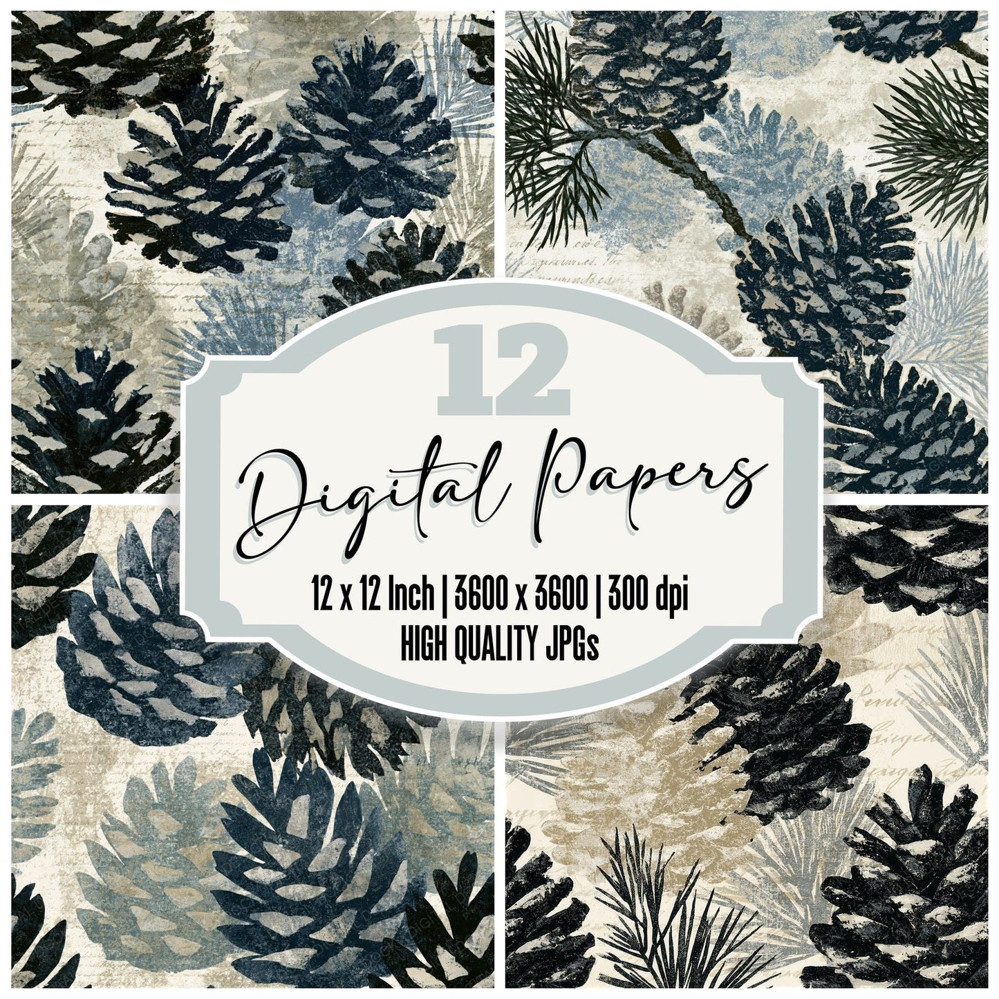 Woodblock Pine Cones Graphite Cream Seamless Digital Paper Pack (DDD015819)