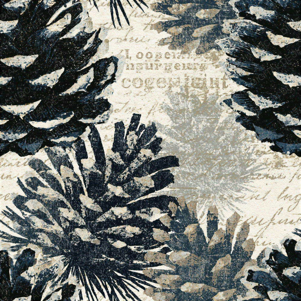 Woodblock Pine Cones Graphite Cream Seamless Digital Paper Pack (DDD015819)