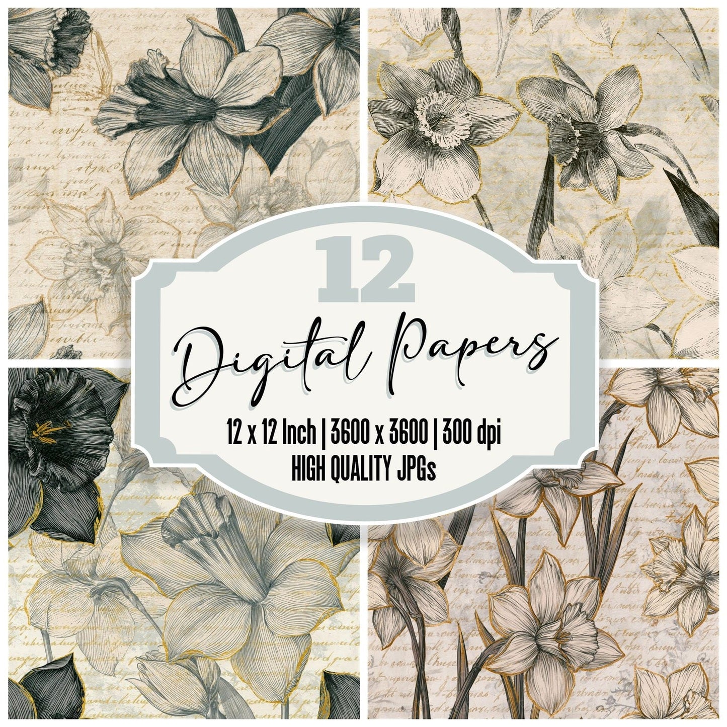 Lithograph Daffodils Graphite Cream Seamless Digital Paper Pack (DDD015829)