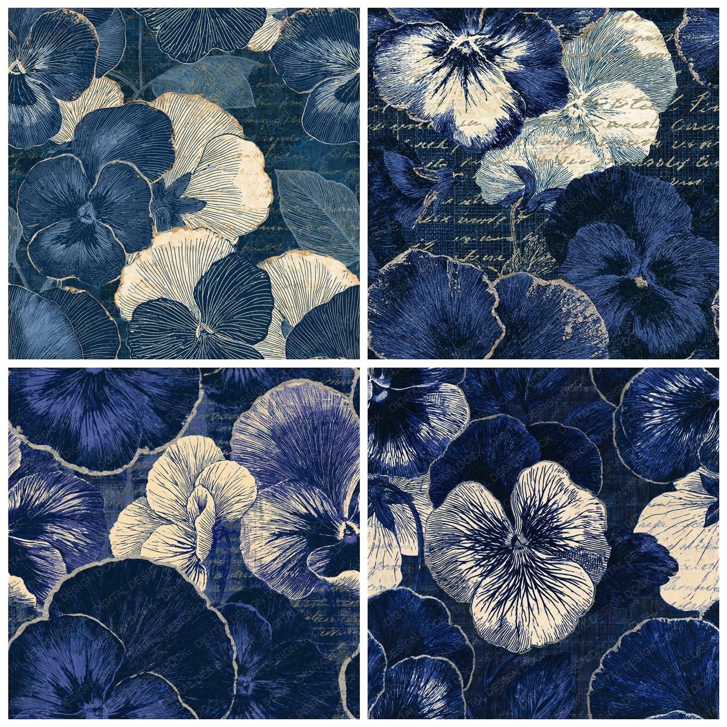 Scratchboard Pansies Indigo Ivory Seamless Digital Paper Pack (DDD015837)