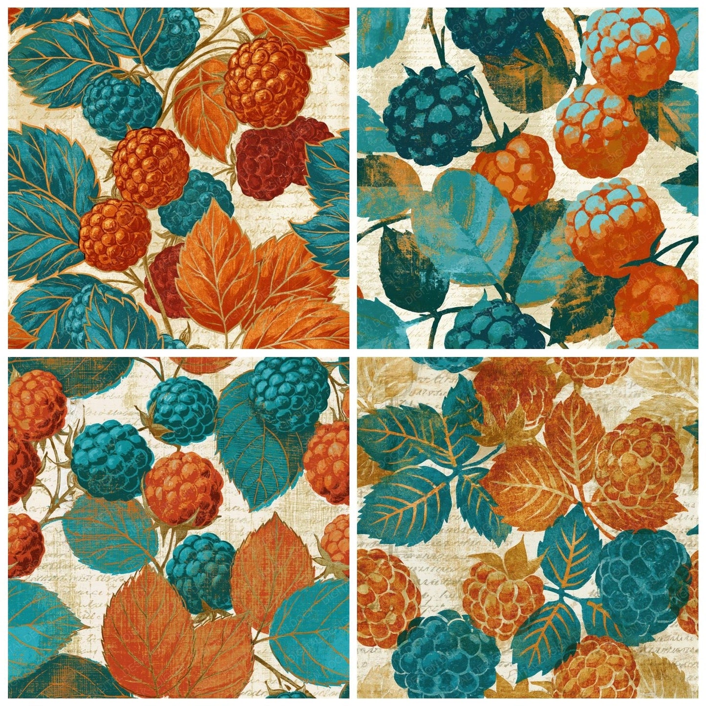 Woodblock Blackberries Tangerine Aqua Seamless Digital Paper Pack (DDD015839)