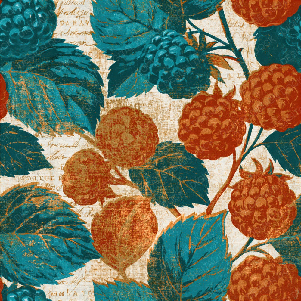 Woodblock Blackberries Tangerine Aqua Seamless Digital Paper Pack (DDD015839)