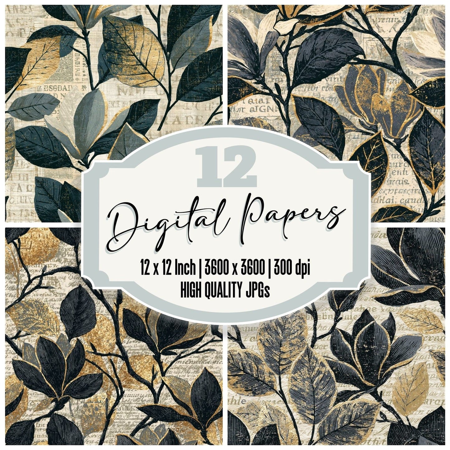 Woodcut Magnolia Graphite Cream Seamless Digital Paper Pack (DDD015842)