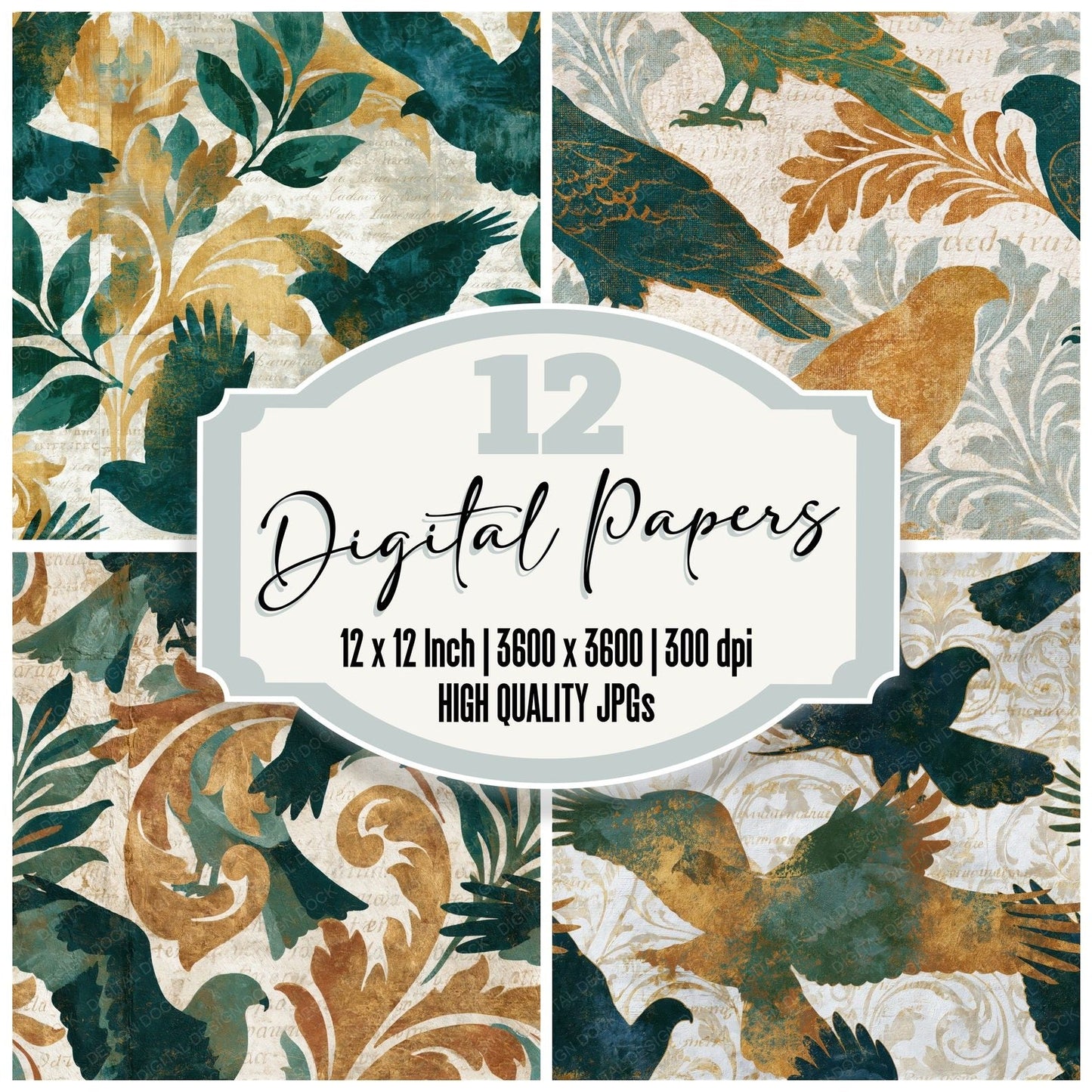 Baroque Hawks Eucalyptus Gold Seamless Digital Paper Pack (DDD015846)