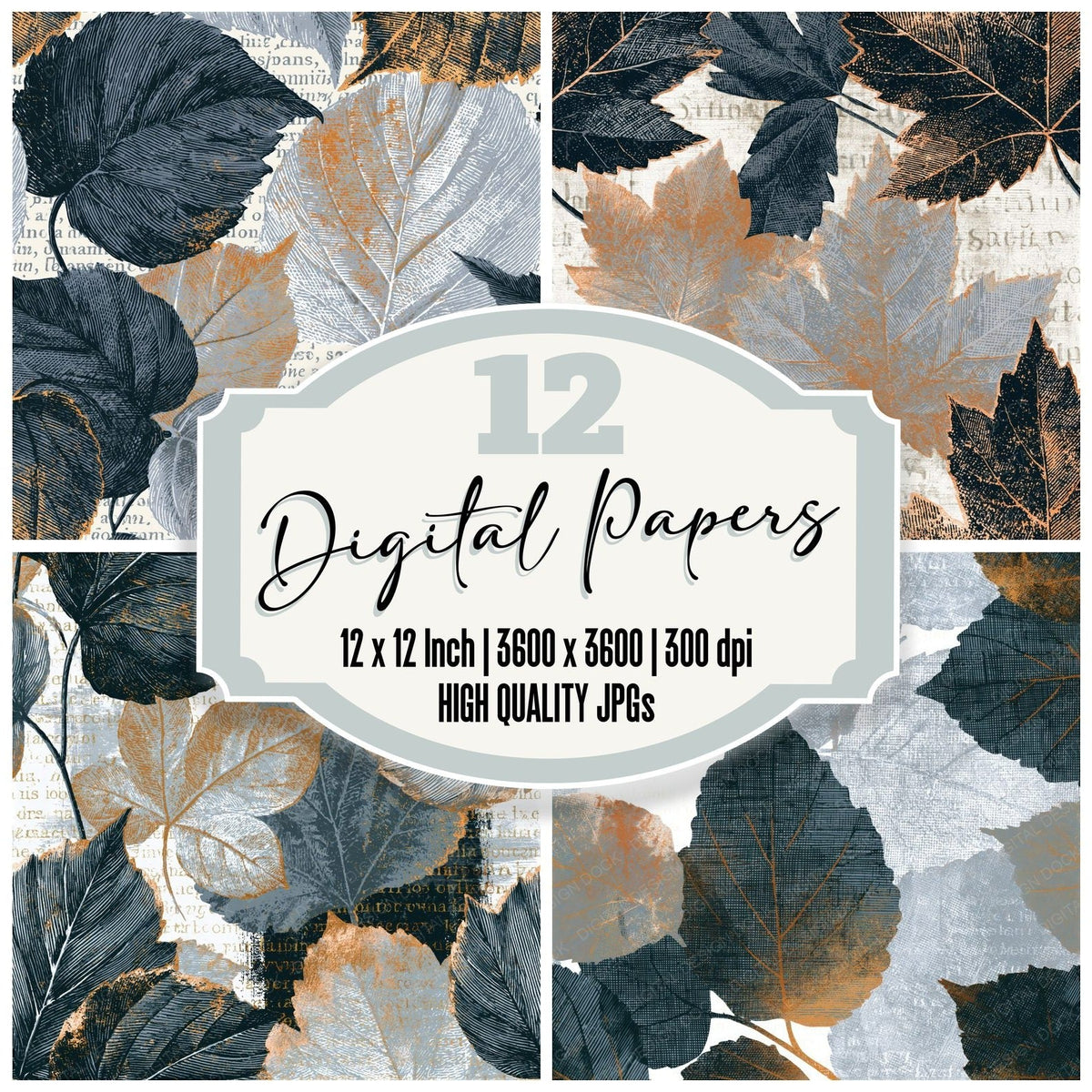 Cross Hatch Autumn Leaves Silver Seamless digital paper pack cover showing four of the 12 papers