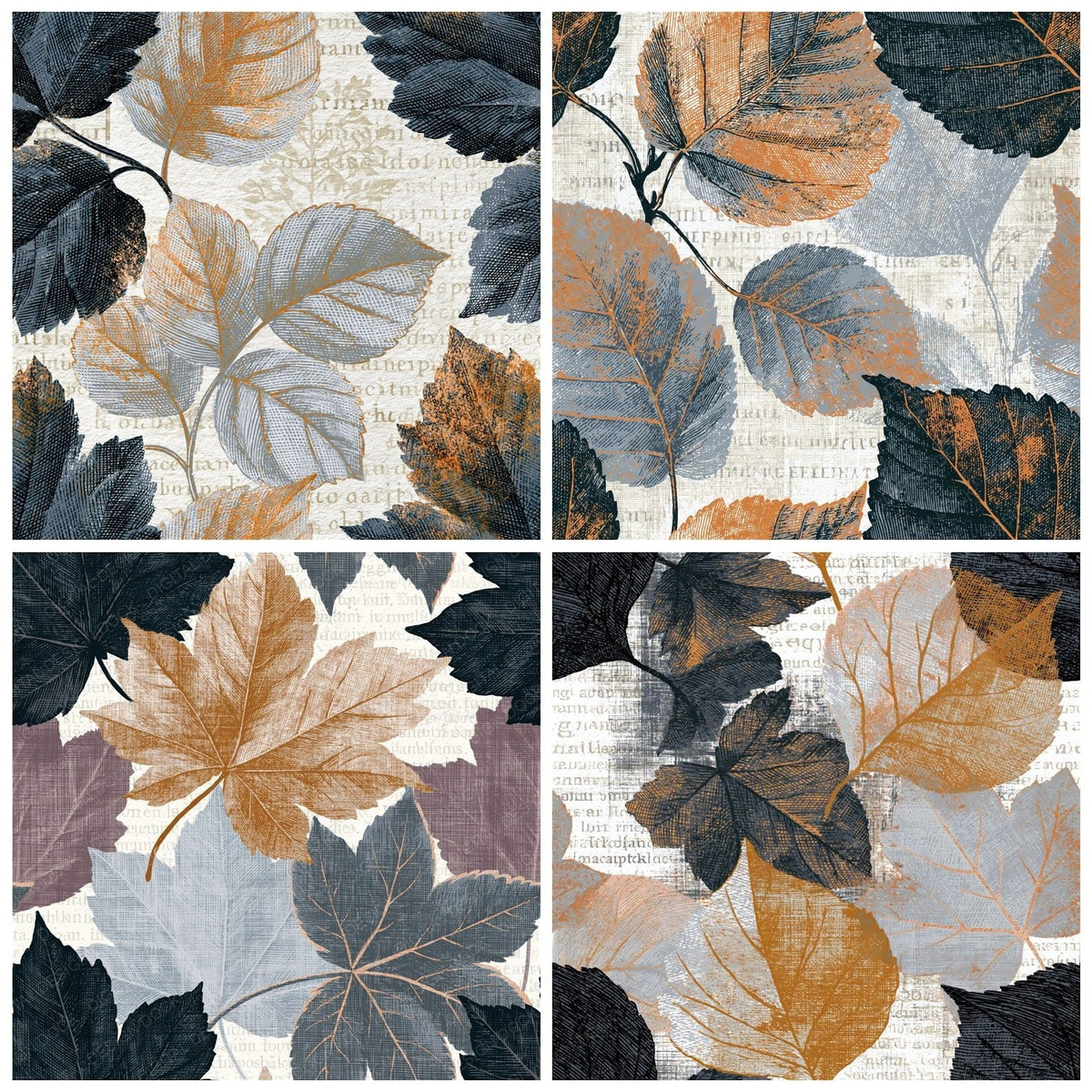 Four Cross Hatch Autumn Leaves Silver Seamless digital papers from the pack shown in a grid